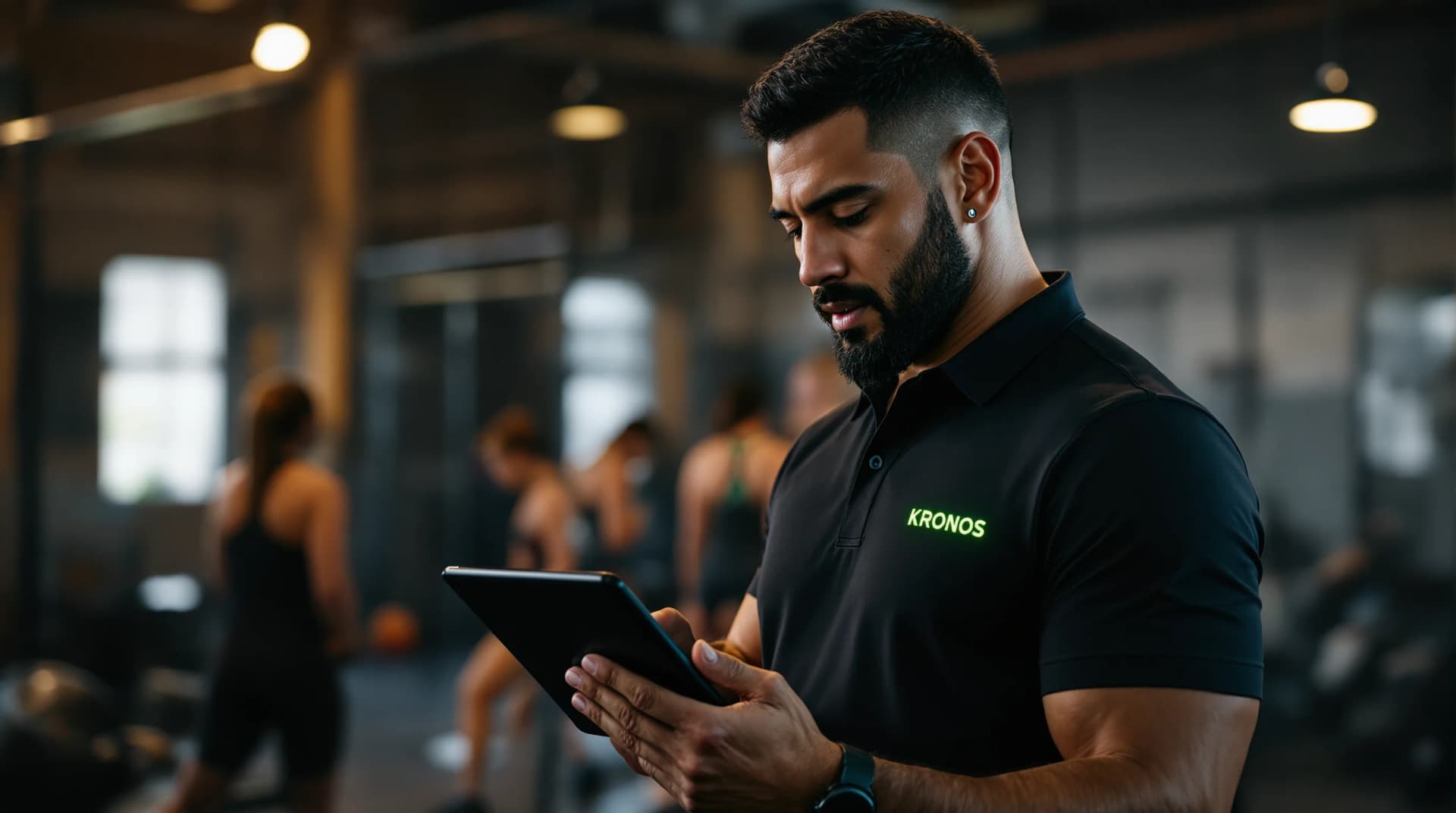 Coach revisando programación de Kronos en una tablet, dentro de un Box de CrossFit
